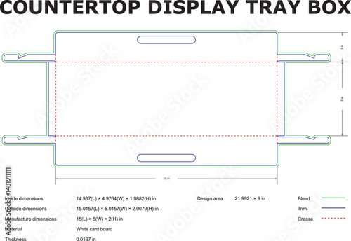 Vector diagram of a countertop display tray box showing dimensions and design details