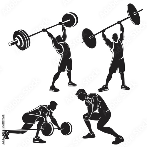 Silhouette Set of Weightlifting Athletes Performing Barbell Exercises on White Background Vector Illustration

