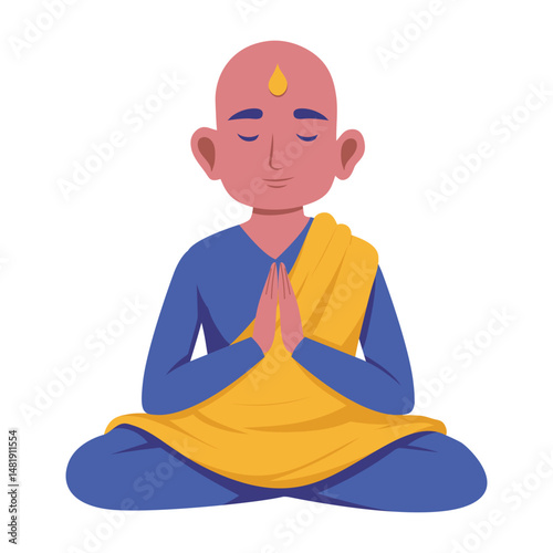 Flat illustration depicting a peaceful monk character 