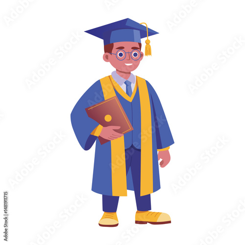 Flat illustration showing a graduate holding diploma proudly