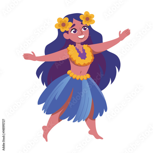 Flat illustration showing a hula dancer performing traditional dance