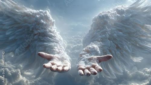 Heavenly Embrace of Light hands with Angelic Wings in Sacred Clouds