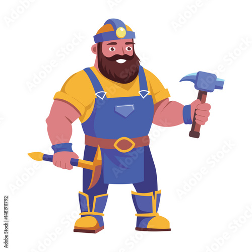 A flat style illustration of a dwarf blacksmith