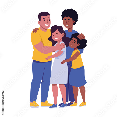 A flat style illustration of family standing together happily