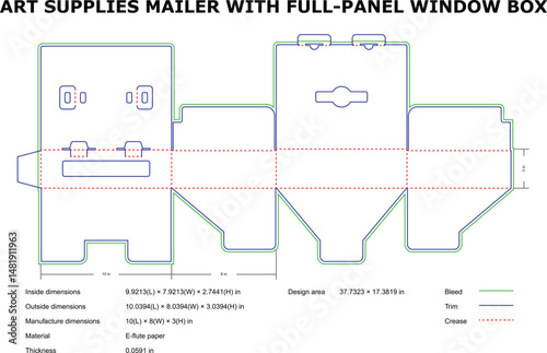 Detailed blueprint showing dimensions of an art supplies mailer with a full panel window box.