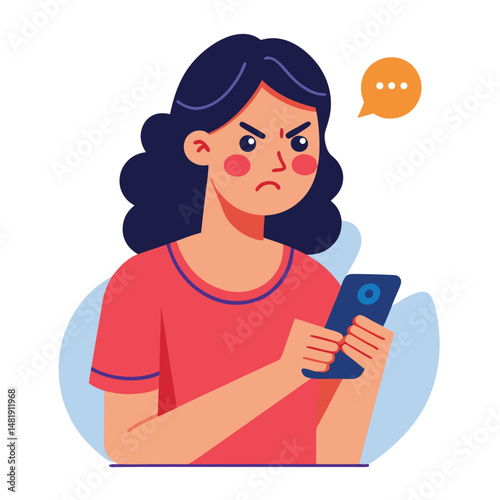 Angry woman online, texting hate comment on mobile phone. Aggressive person with smartphone, chatting in social media, internet conflict. Flat vector illustration isolated on white background 