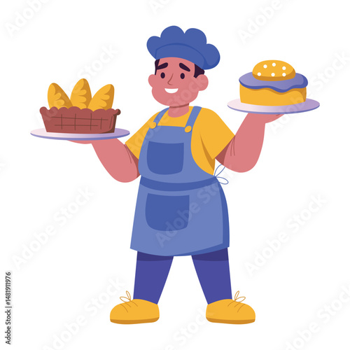A flat style illustration of baker presenting fresh bread