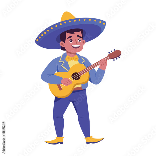Flat illustration depicting mexican mariachi playing guitar 