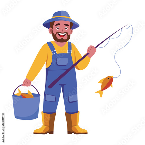 A flat style illustration of a fisherman holding a fishing rod