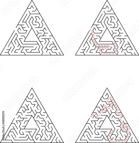 Four triangular mazes one with red paths highlighting correct solutions for problem solving