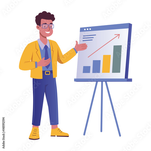 A flat style illustration showing a person giving presentation