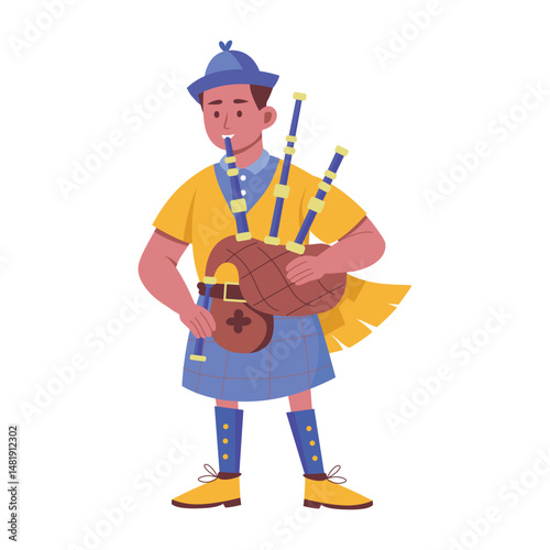 Flat style illustration depicting scottish bagpiper playing music