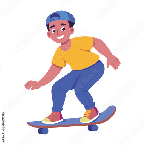 A flat style illustration of a skateboarder character