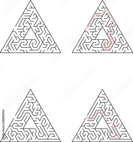 Triangular maze solutions with red paths showing the way through complex puzzle challenges