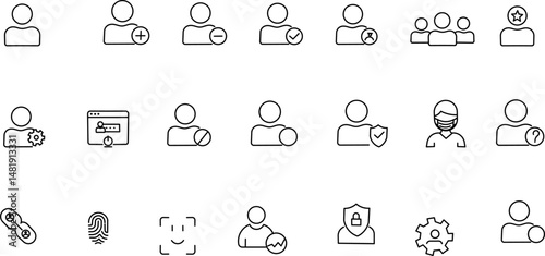 User profile Stroke icon collections. Containing profile, Login, Identification, User Management, add friend and more icons. Editable Stroke icon collection Outline icon