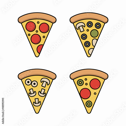 Set of Vector Pizza Slices with Different Toppings