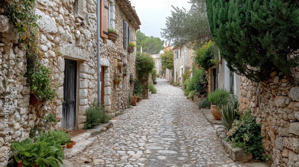 Fototapeta premium Charming cobblestone street in historic mediterranean village