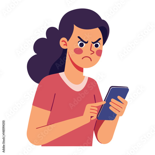 Angry woman online, texting hate comment on mobile phone. Aggressive person with smartphone, chatting in social media, internet conflict. Flat vector illustration isolated on white background 