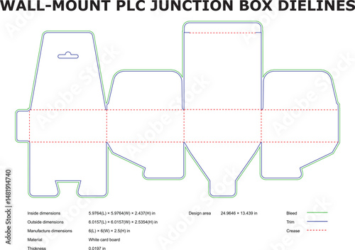 Wall mount plc junction box dielines for packaging design and manufacturing blueprint template