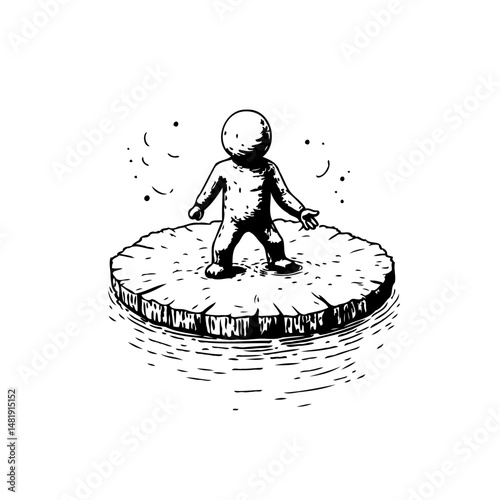 Drawn figure on fractured ice floe reflecting the fragility of environmental balance