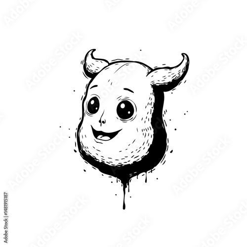 Whimsical horned character with an endearing smile in expressive monochrome style