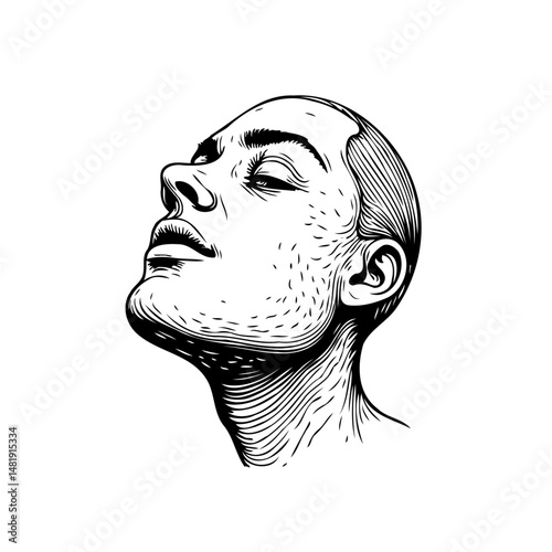Monochrome contemplative portrait of a serene bald person gazing upwards