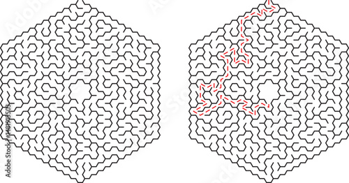 Complex hexagonal maze puzzle with marked solution path and vector illustration concept