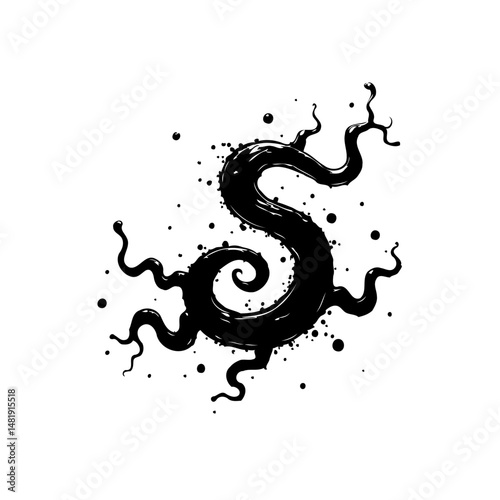 Stylized serpentine form in black ink with delicate appendages illustration