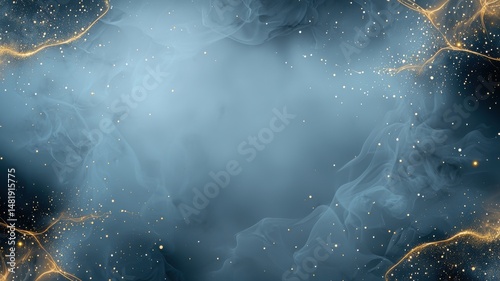 Abstract Luxury Background with Ethereal Blue Smoke and Golden Glitter Particles ethereal particles
