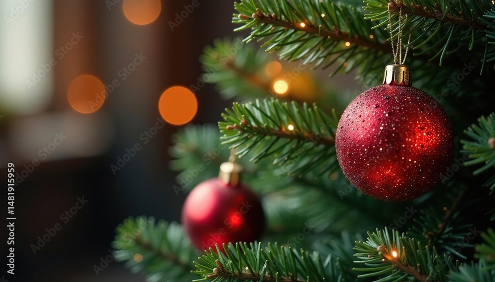 Fototapeta premium Sparkling Christmas tree adorned with glitter pine cones and ornaments , wood, light