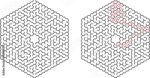 Complex hexagonal maze design with solved path illustrating problem solving and solutions