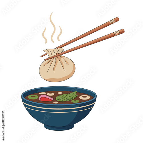 Soup Dumpling Held by Chopsticks Over Asian Noodle Bowl