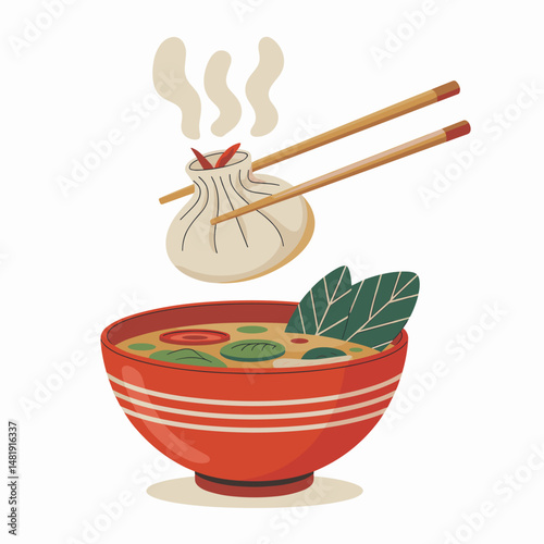 Soup Dumpling Held by Chopsticks Over Asian Noodle Bowl