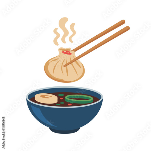 Soup Dumpling Held by Chopsticks Over Asian Noodle Bowl