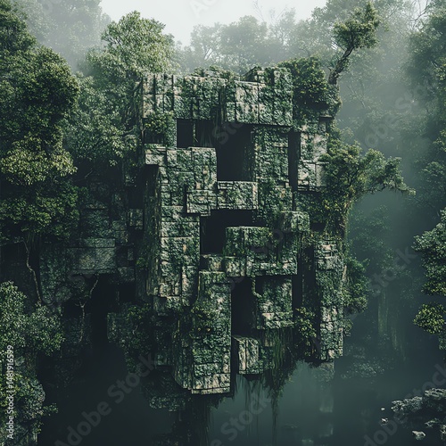 Ancient structure engulfed by lush greenery.