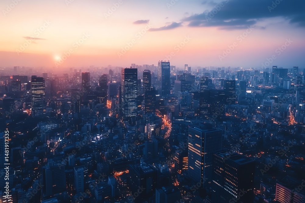 Fototapeta premium City skyline during sunset with a vibrant glow.