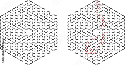 Hexagonal maze with path finding illustrating solution and challenge for problem solving concepts