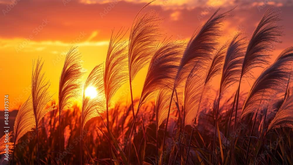 夕日に輝くすすきの美しい風景 夕日に輝くすすきの美しい風景