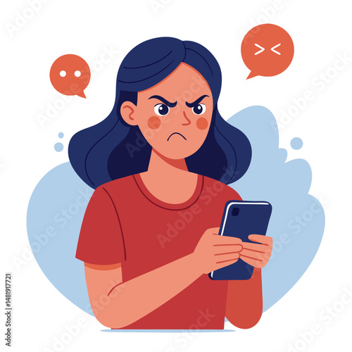 Angry woman online, texting hate comment on mobile phone. Aggressive person with smartphone, chatting in social media, internet conflict. Flat vector illustration isolated on white background 