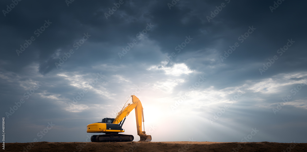 Fototapeta premium Yellow excavator digging soil in construction site 