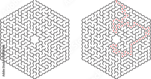 Complex hexagonal labyrinth puzzle with red path indicating a solution route for brain teaser