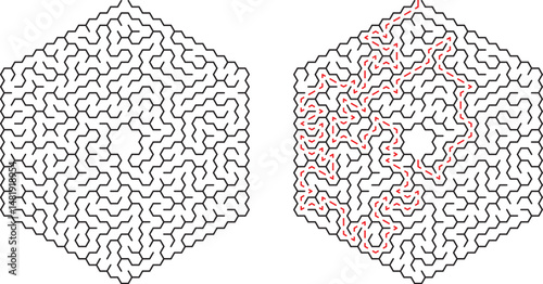 A complex hexagonal maze illustration showing solution path with red arrows on white background