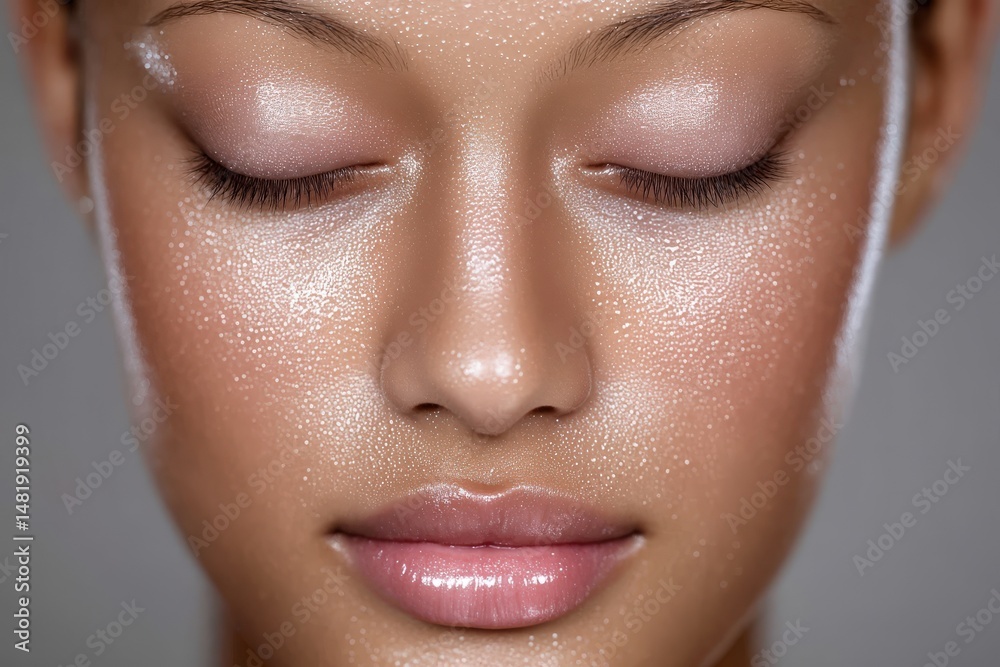 Fototapeta premium Glowing beauty close-up showcasing flawless skin texture with droplets of moisture highlighting natural radiance and highlighting the importance of skincare routines and self-care practices