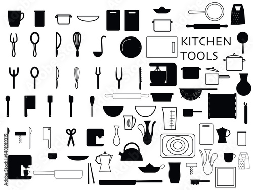Food icons, different kitchen utensils. Illustration