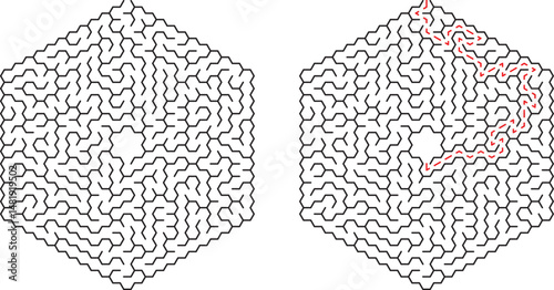 Complex hexagonal maze with solved path displaying concept of problem solving and solutions