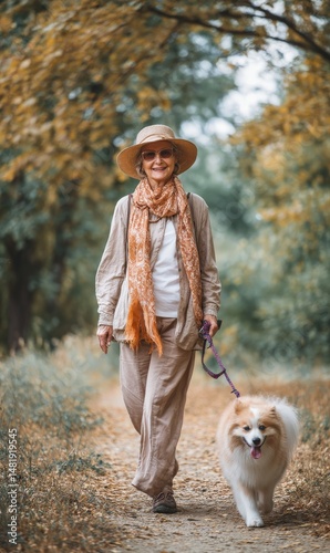 An elderly woman walking a dog on a path in a park