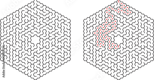Complex hexagon labyrinth illustration with solution path for puzzle solving and strategic thinking