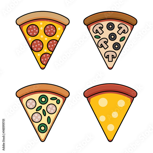 Set of Vector Pizza Slices with Different Toppings