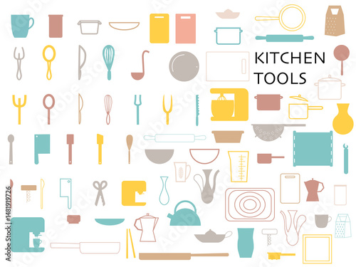 Food icons, different kitchen utensils. Illustration
