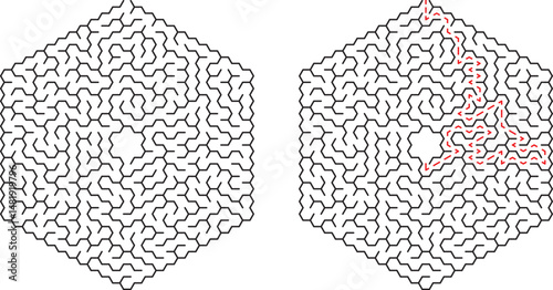 Two hexagonal mazes one solved demonstrating a path using distinctive visual contrasts